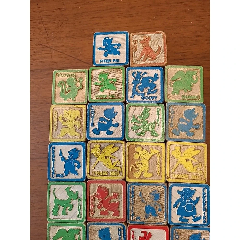 Vintage Walt Disney 34 Wooden Blocks Set Letters‎ Numbers Characters